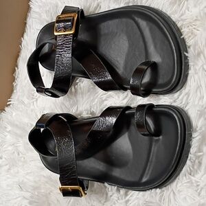 New ALOHAS Siren Black Leather Gold Buckle Sandals Size 9